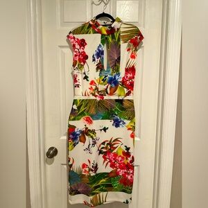 Floral Ruffle Dress Size 8 High Neck Open Back Fitted Stretch
